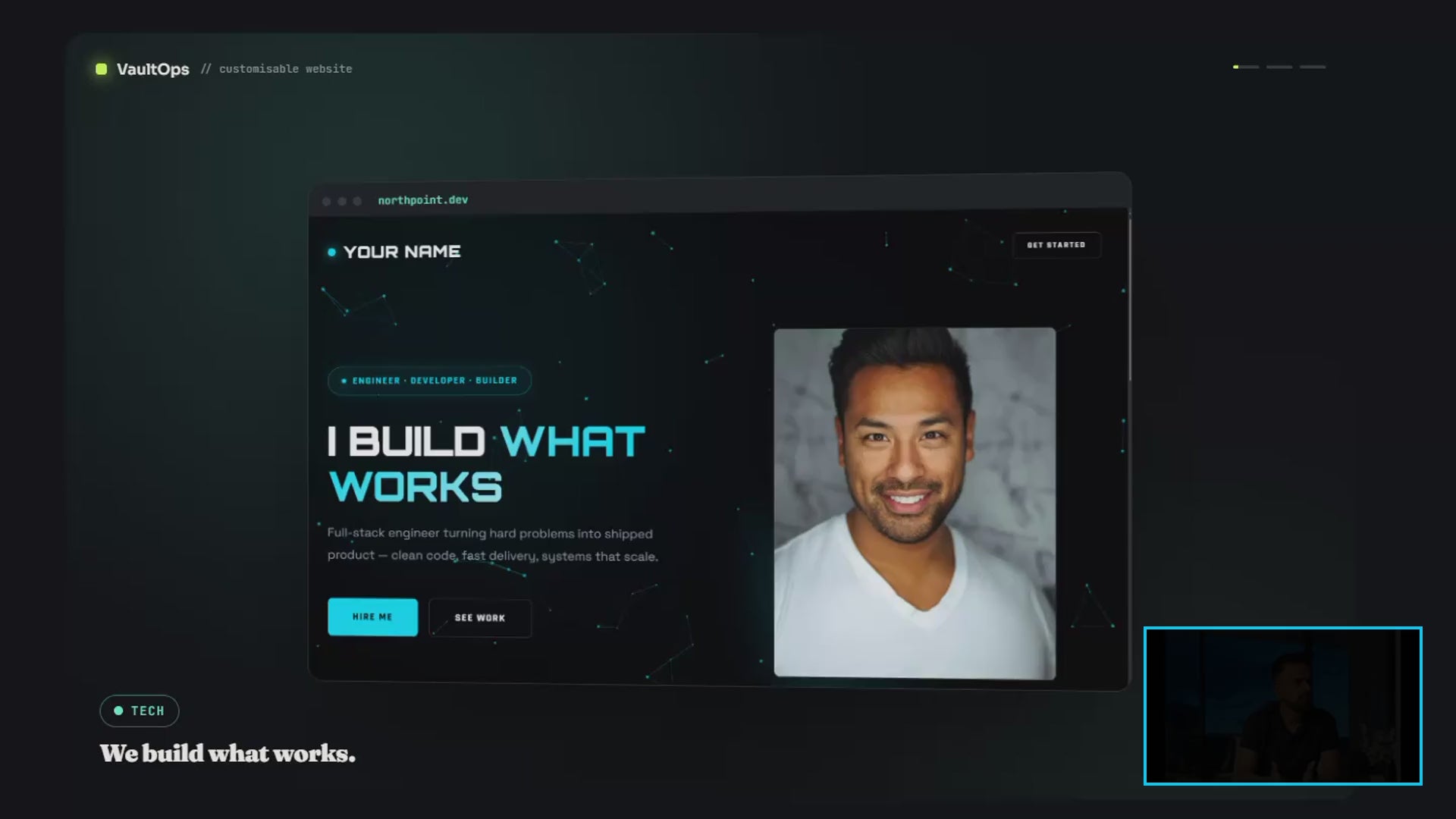 Customisable Website Template hero — live demo cycling Tech, Brand and Local profiles with founder presenter