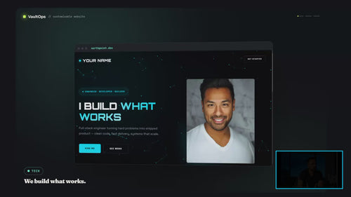 Customisable Website Template hero — live demo cycling Tech, Brand and Local profiles with founder presenter