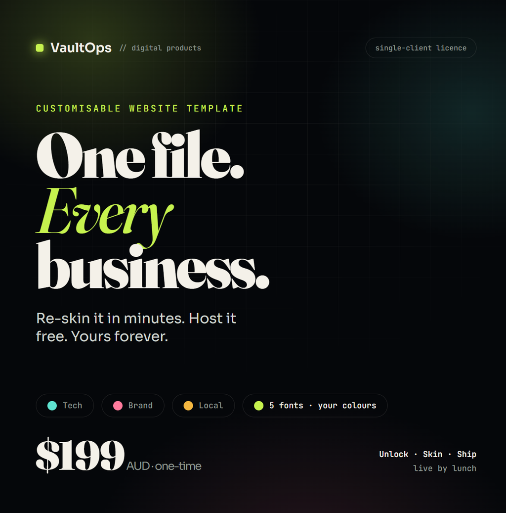 VaultOps Customisable Website Template — one file, every business, $199